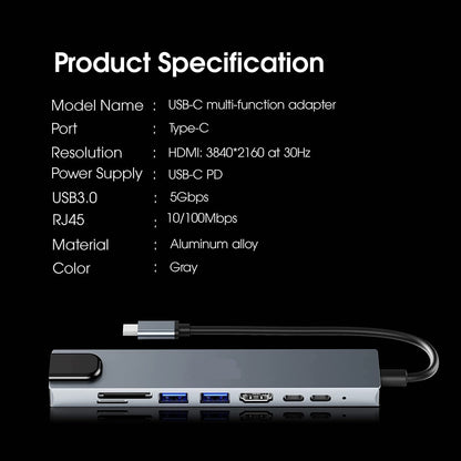 Hi-Lite Essentials 8 in 1 USB C Hub,Type C to 4K HDMI Output,PD Charging Port,RJ45 Ethernet, SD/TF Card, USB 3.0,USB 2.0 USB C Hub for MacBook Pro, MacBook Air M1, C Enabled Device