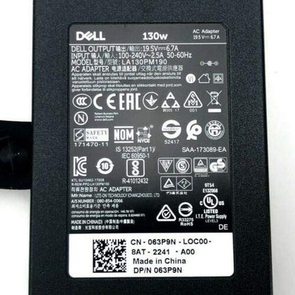 OEM Dell 130W Slim 7.4 MM Pin Laptop Charger Adapter For Alienware, Inspiron 15, Latitude, Precision And Vostro 15 Models - Black With Power Cord